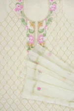 Srajann Hand Embroided Cream Organza Lucknowi Chikankari Unstitched Kurta Dupatta Set