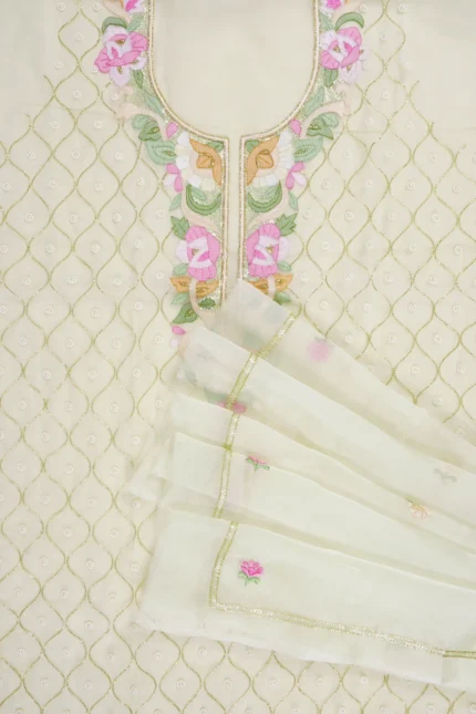 Srajann Hand Embroided Cream Organza Lucknowi Chikankari Unstitched Kurta Dupatta Set