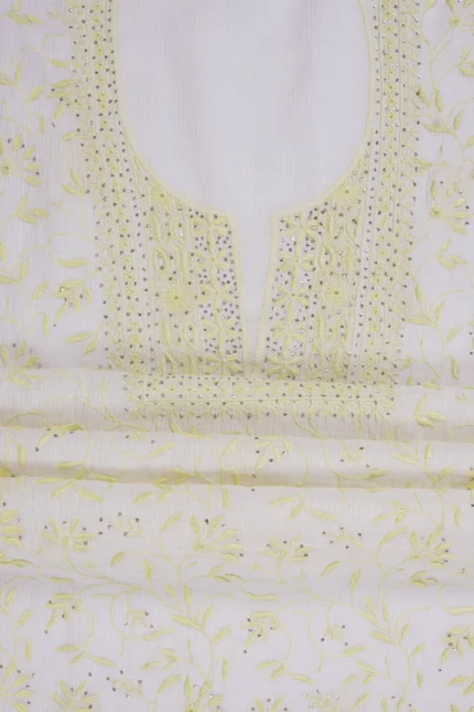 Srajann Hand Embroided Cream Maheshwari Lucknowi Chikankari Unstitched Kurta Dupatta Set