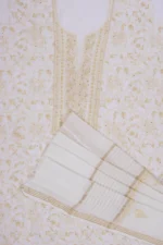 Srajann Hand Embroided Cream Maheshwari Lucknowi Chikankari Unstitched Kurta Dupatta Set