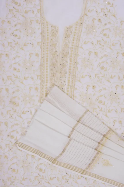 Srajann Hand Embroided Cream Maheshwari Lucknowi Chikankari Unstitched Kurta Dupatta Set