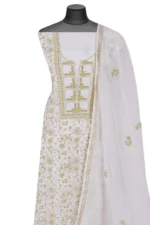Srajann Hand Embroided white Maheshwari Lucknowi Chikankari Unstitched Kurta Dupatta Set (SLC1271) - Image 4