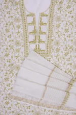 Srajann Hand Embroided white Maheshwari Lucknowi Chikankari Unstitched Kurta Dupatta Set
