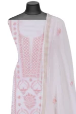 Srajann Hand Embroided white Maheshwari Lucknowi Chikankari Unstitched Kurta Dupatta Set (SLC1284) - Image 4