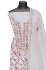 Srajann Hand Embroided white Maheshwari Lucknowi Chikankari Unstitched Kurta Dupatta Set (SLC1285) - Image 4
