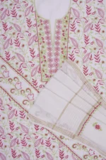 Srajann Hand Embroided white Maheshwari Lucknowi Chikankari Unstitched Kurta Dupatta Set
