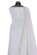 Srajann Hand Embroided white Maheshwari Lucknowi Chikankari Unstitched Kurta Dupatta Set (SLC1277) - Image 4