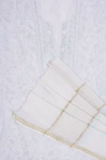 Srajann Hand Embroided white Maheshwari Lucknowi Chikankari Unstitched Kurta Dupatta Set