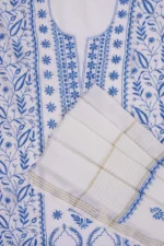 Srajann Hand Embroided white Maheshwari Lucknowi Chikankari Unstitched Kurta Dupatta Set