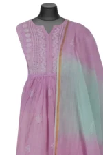 Srajann Hand Embroided Pink Mul Chanderi Lucknowi Chikankari Unstitched Kurta Dupatta Set (SLC1626) - Image 4
