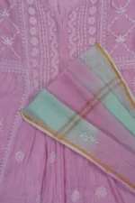 Srajann Hand Embroided Pink Mul Chanderi Lucknowi Chikankari Unstitched Kurta Dupatta Set