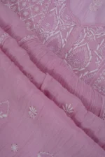 Srajann Hand Embroided Pink Mul Chanderi Lucknowi Chikankari Unstitched Kurta Dupatta Set (SLC1628) - Image 9