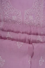 Srajann Hand Embroided Pink Mul Chanderi Lucknowi Chikankari Unstitched Kurta Dupatta Set