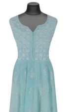 Srajann Hand Embroided Sea Green Mul Chanderi Lucknowi Chikankari Unstitched Kurta Dupatta Set (SLC1632) - Image 4