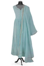 Srajann Hand Embroided Sea Green Mul Chanderi Lucknowi Chikankari Unstitched Kurta Dupatta Set (SLC1632) - Image 5