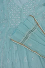 Srajann Hand Embroided Sea Green Mul Chanderi Lucknowi Chikankari Unstitched Kurta Dupatta Set