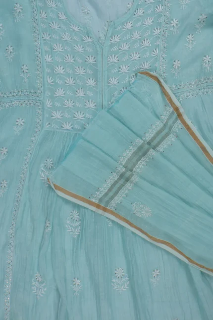 Srajann Hand Embroided Sea Green Mul Chanderi Lucknowi Chikankari Unstitched Kurta Dupatta Set