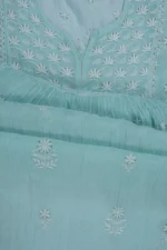 Srajann Hand Embroided Sea Green Mul Chanderi Lucknowi Chikankari Unstitched Kurta Dupatta Set (SLC1632) - Image 9