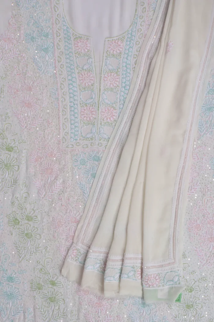 Srajann Hand Embellishment Lucknowi Chikankari Pure Georgette Unstitched Suit Work With Zari Addon