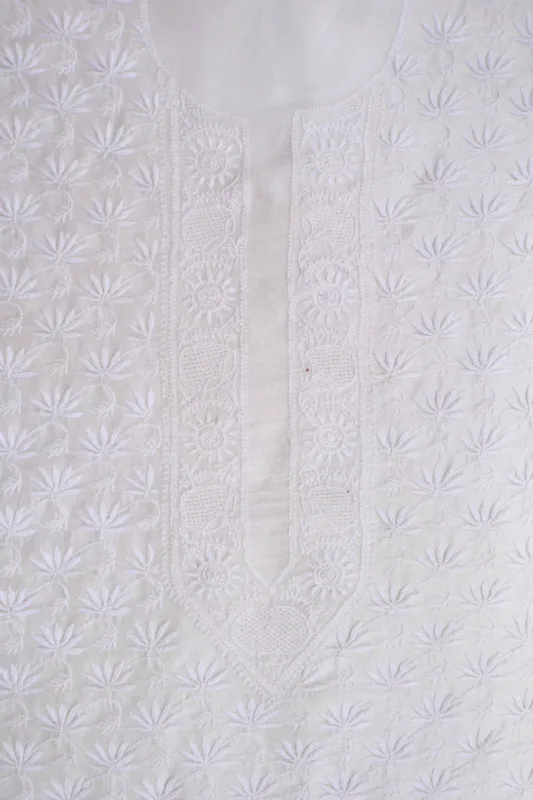 Srajann Hand Embroidered White Chanderi Lucknowi Chikankari Unstitched Men's Kurta Piece