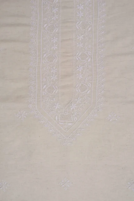 Srajann Hand Embroidered Cream Khadi Lucknowi Chikankari Unstitched Men's Kurta Piece