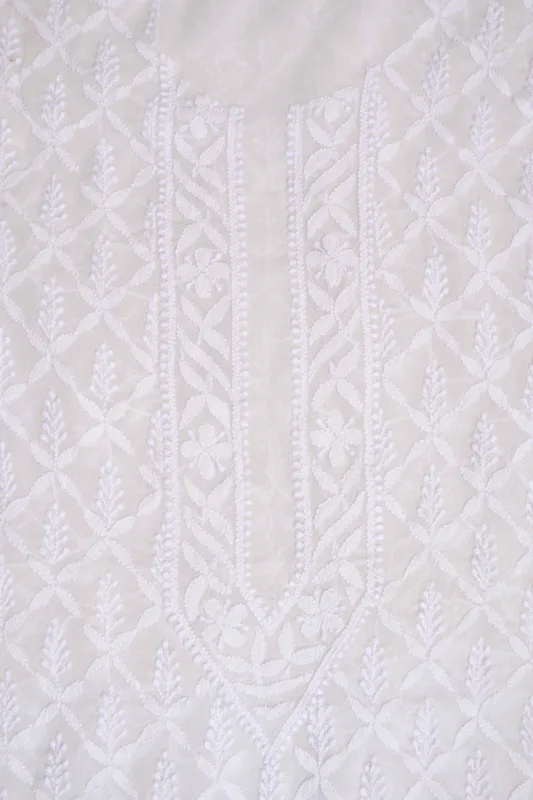 Srajann Hand Embroidered White Pure Georgette Lucknowi Chikankari Unstitched Men's Kurta Piece
