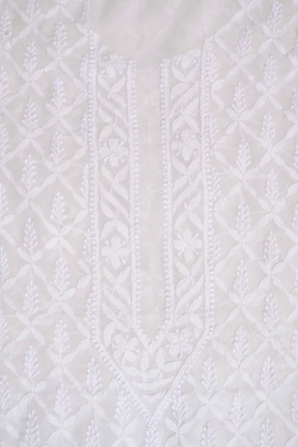 Srajann Hand Embroidered White Pure Georgette Lucknowi Chikankari Unstitched Men's Kurta Piece