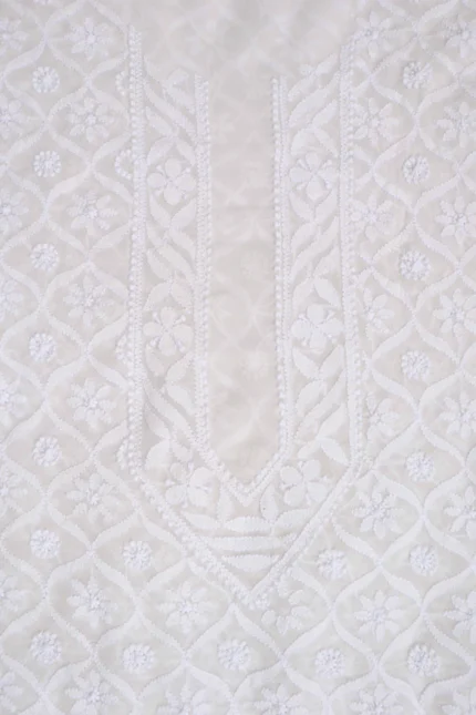 Srajann Hand Embroidered White Pure Georgette Lucknowi Chikankari Unstitched Men's Kurta Piece