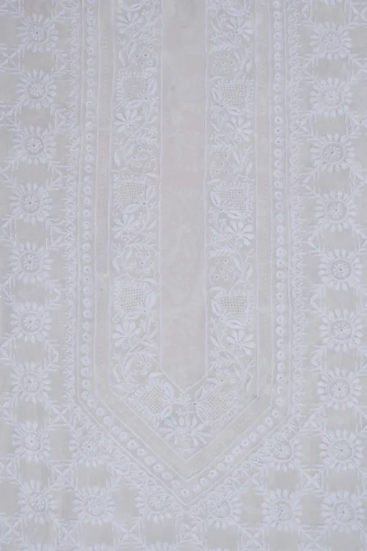 Srajann Hand Embroidered White Pure Georgette Lucknowi Chikankari Unstitched Men's Kurta Piece