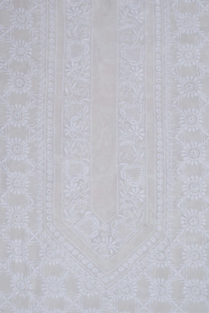 Srajann Hand Embroidered White Pure Georgette Lucknowi Chikankari Unstitched Men's Kurta Piece