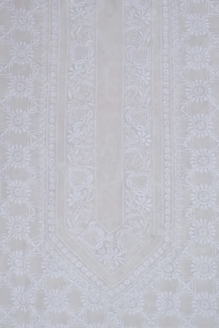 Srajann Hand Embroidered White Pure Georgette Lucknowi Chikankari Unstitched Men's Kurta Piece