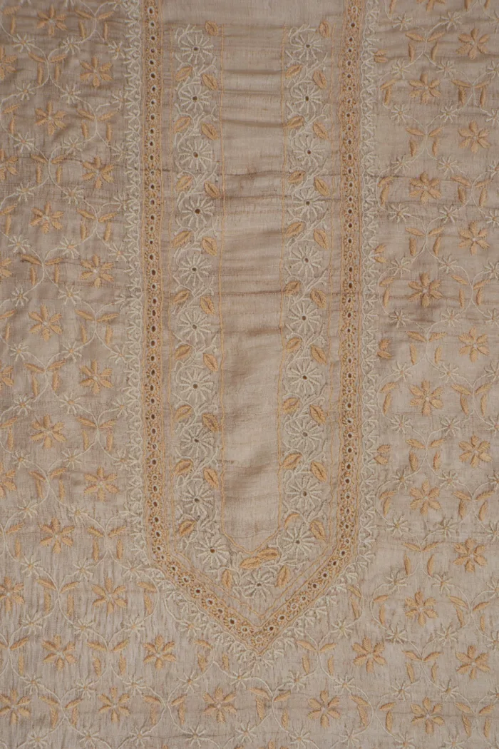 Srajann Hand Embroidered Beige Silk Lucknowi Chikankari Unstitched Men's Kurta Piece