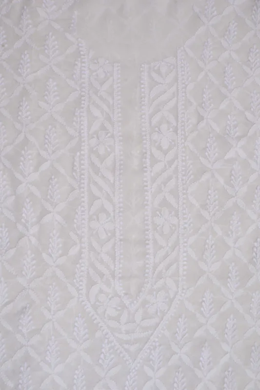 Srajann Hand Embroidered White Pure Georgette Lucknowi Chikankari Unstitched Men's Kurta Piece
