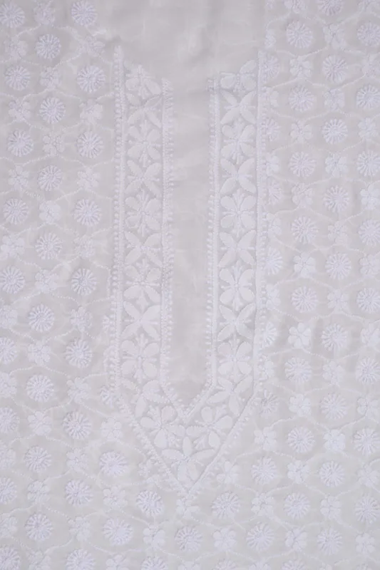 Srajann Hand Embroidered White Pure Georgette Lucknowi Chikankari Unstitched Men's Kurta Piece