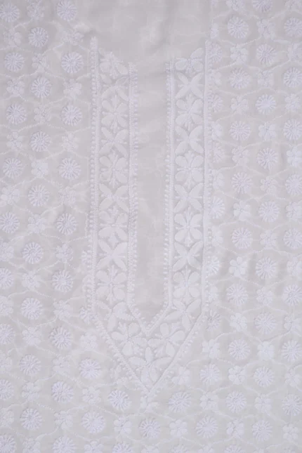 Srajann Hand Embroidered White Pure Georgette Lucknowi Chikankari Unstitched Men's Kurta Piece