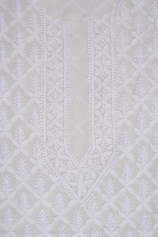 Srajann Hand Embroidered White Pure Georgette Lucknowi Chikankari Unstitched Men's Kurta Piece