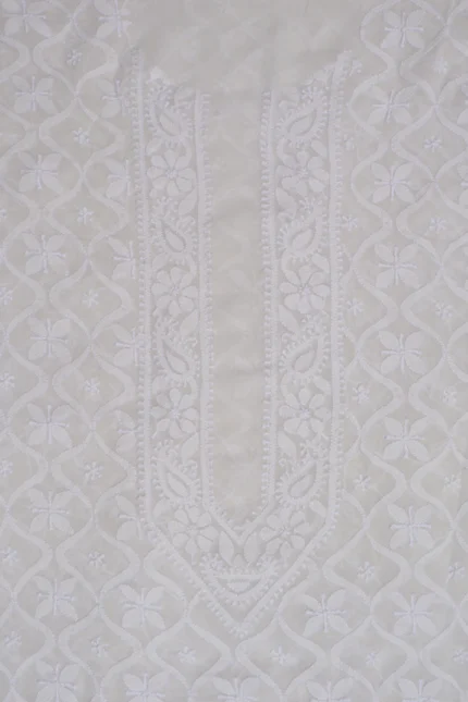 Srajann Hand Embroidered White Pure Georgette Lucknowi Chikankari Unstitched Men's Kurta Piece