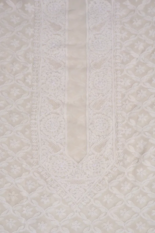 Srajann Hand Embroidered Cream Pure Georgette Lucknowi Chikankari Unstitched Men's Kurta Piece