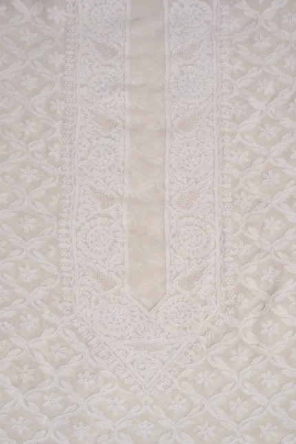Srajann Hand Embroidered Cream Pure Georgette Lucknowi Chikankari Unstitched Men's Kurta Piece