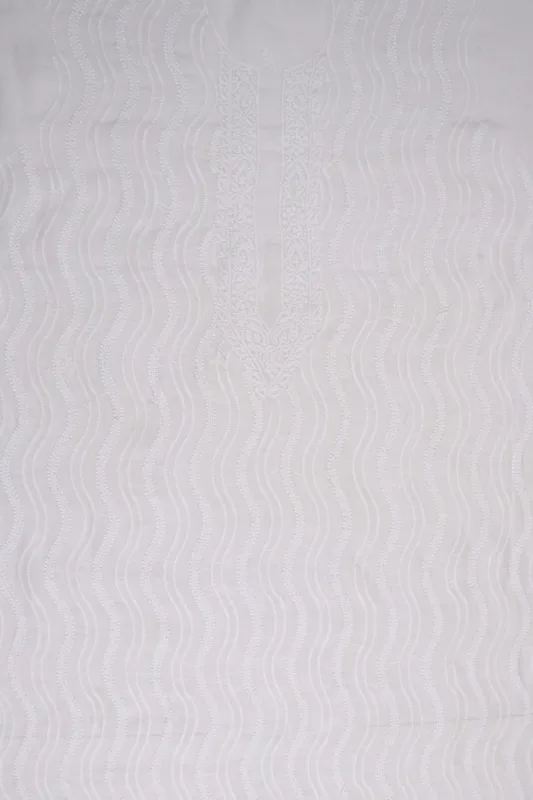 Srajann Hand Embroidered White Chanderi Lucknowi Chikankari Unstitched Men's Kurta Piece
