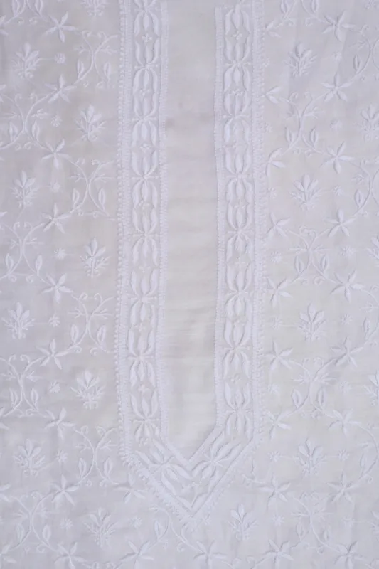 Srajann Hand Embroidered White Chanderi Lucknowi Chikankari Unstitched Men's Kurta Piece