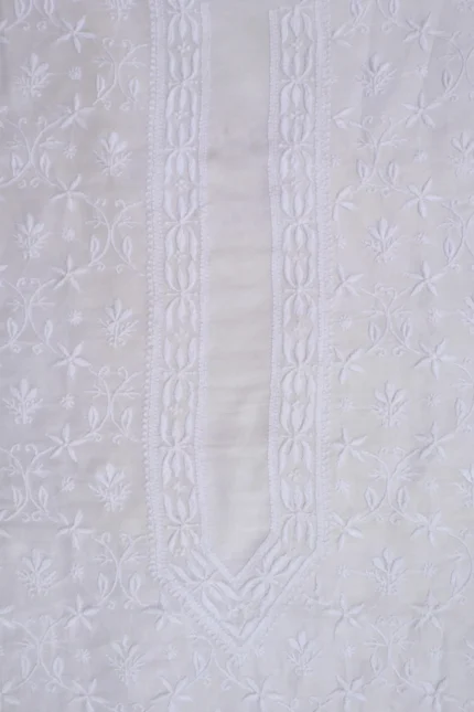 Srajann Hand Embroidered White Chanderi Lucknowi Chikankari Unstitched Men's Kurta Piece
