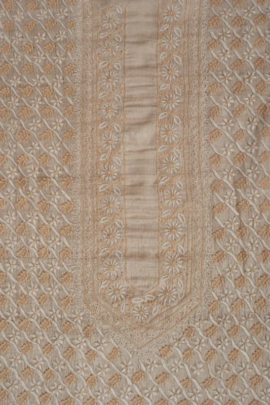 Srajann Hand Embroidered Silk Lucknowi Chikankari Unstitched Men's Kurta Piece