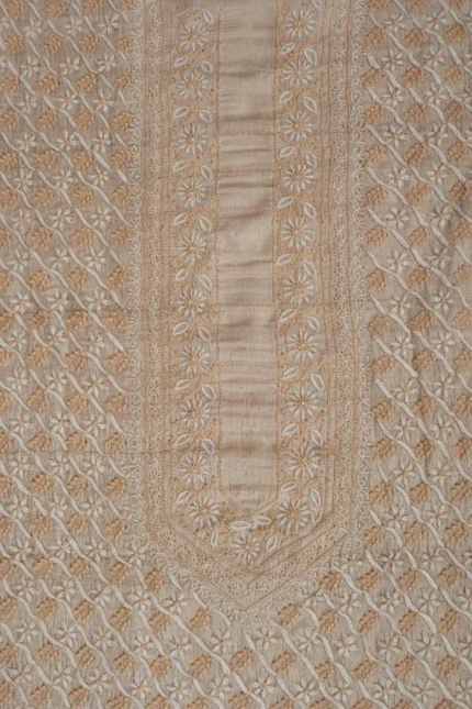 Srajann Hand Embroidered Silk Lucknowi Chikankari Unstitched Men's Kurta Piece