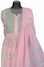 Srajann Hand Embroided Pink Mul Chanderi Lucknowi Chikankari Unstitched Kurta Dupatta Set (SLC1174) - Image 4