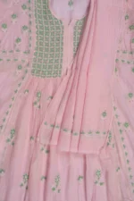 Srajann Hand Embroided Pink Mul Chanderi Lucknowi Chikankari Unstitched Kurta Dupatta Set