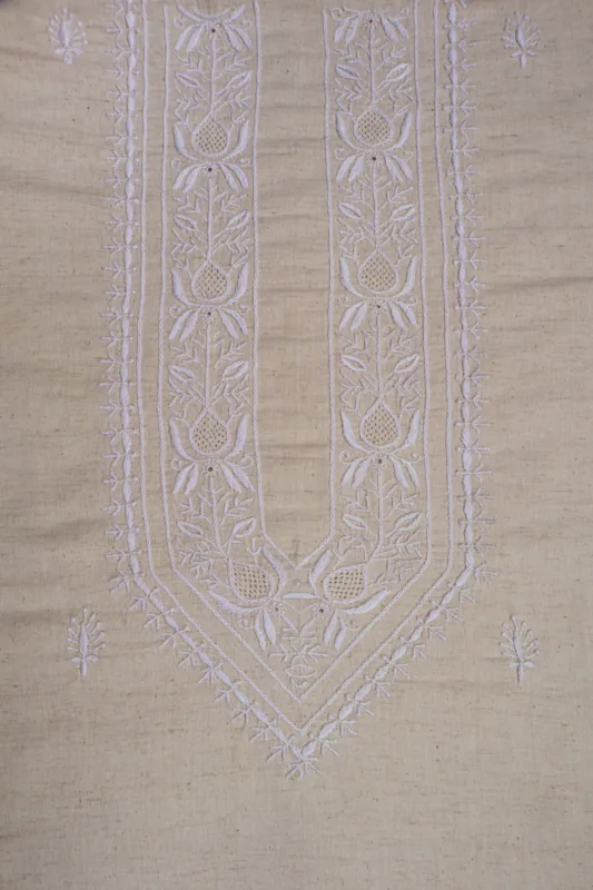 Srajann Hand Embroidered Cream Khadi Lucknowi Chikankari Unstitched Men's Kurta Piece