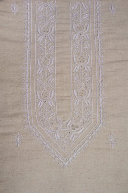 Srajann Hand Embroidered Cream Khadi Lucknowi Chikankari Unstitched Men's Kurta Piece