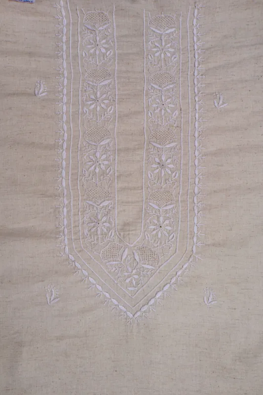 Srajann Hand Embroidered Cream Khadi Lucknowi Chikankari Unstitched Men's Kurta Piece