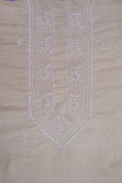 Srajann Hand Embroidered Cream Khadi Lucknowi Chikankari Unstitched Men's Kurta Piece